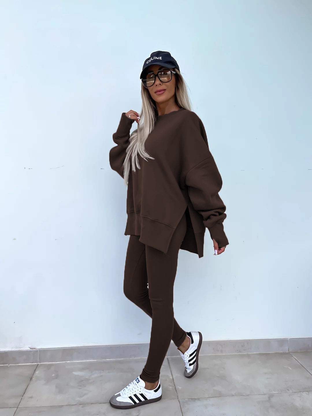 Sweater Suit Women'S Casual Loose Long Sleeve Crew Neck Split Top Tight Trousers
