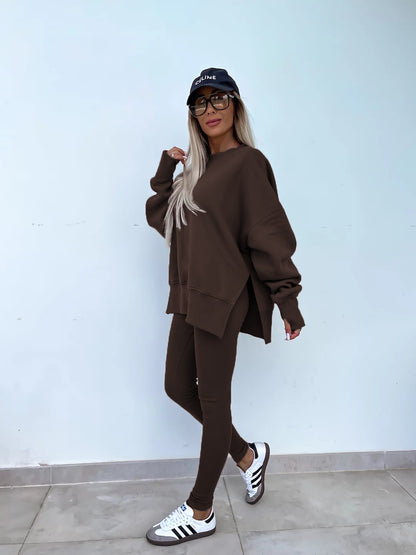 Sweater Suit Women'S Casual Loose Long Sleeve Crew Neck Split Top Tight Trousers