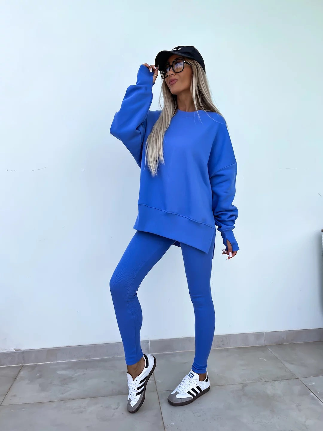 Sweater Suit Women'S Casual Loose Long Sleeve Crew Neck Split Top Tight Trousers