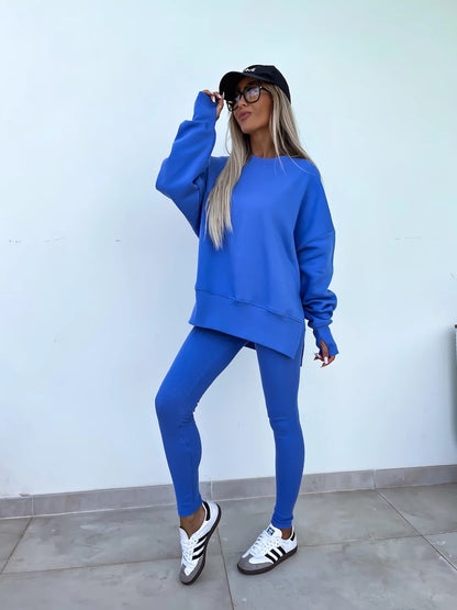 Sweater Suit Women'S Casual Loose Long Sleeve Crew Neck Split Top Tight Trousers