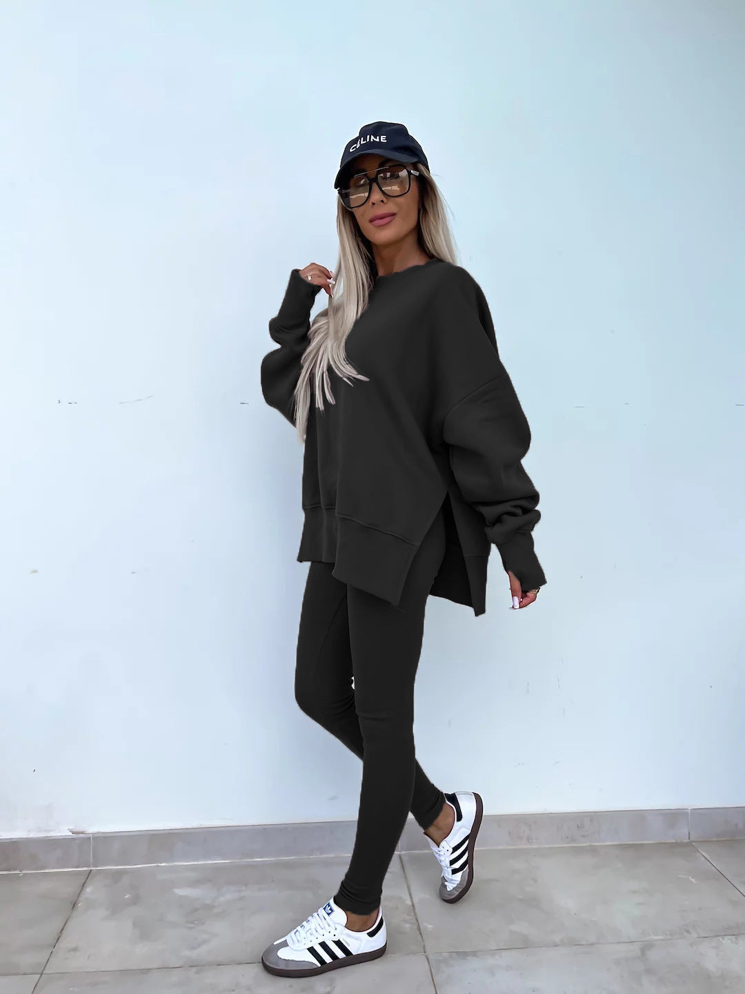 Sweater Suit Women'S Casual Loose Long Sleeve Crew Neck Split Top Tight Trousers