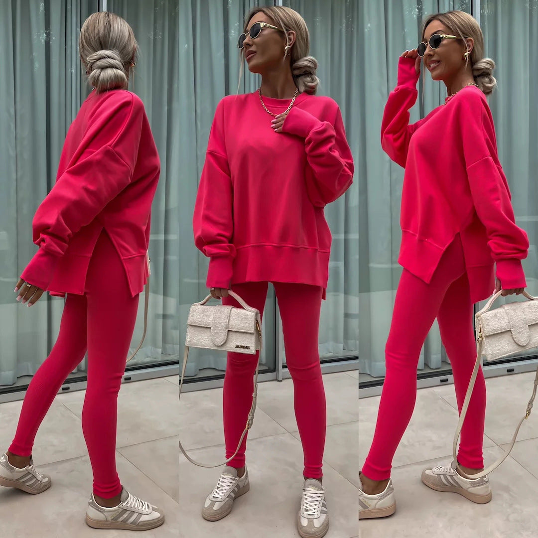Sweater Suit Women'S Casual Loose Long Sleeve Crew Neck Split Top Tight Trousers
