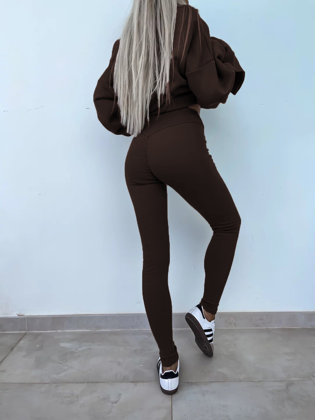 Sweater Suit Women'S Casual Loose Long Sleeve Crew Neck Split Top Tight Trousers