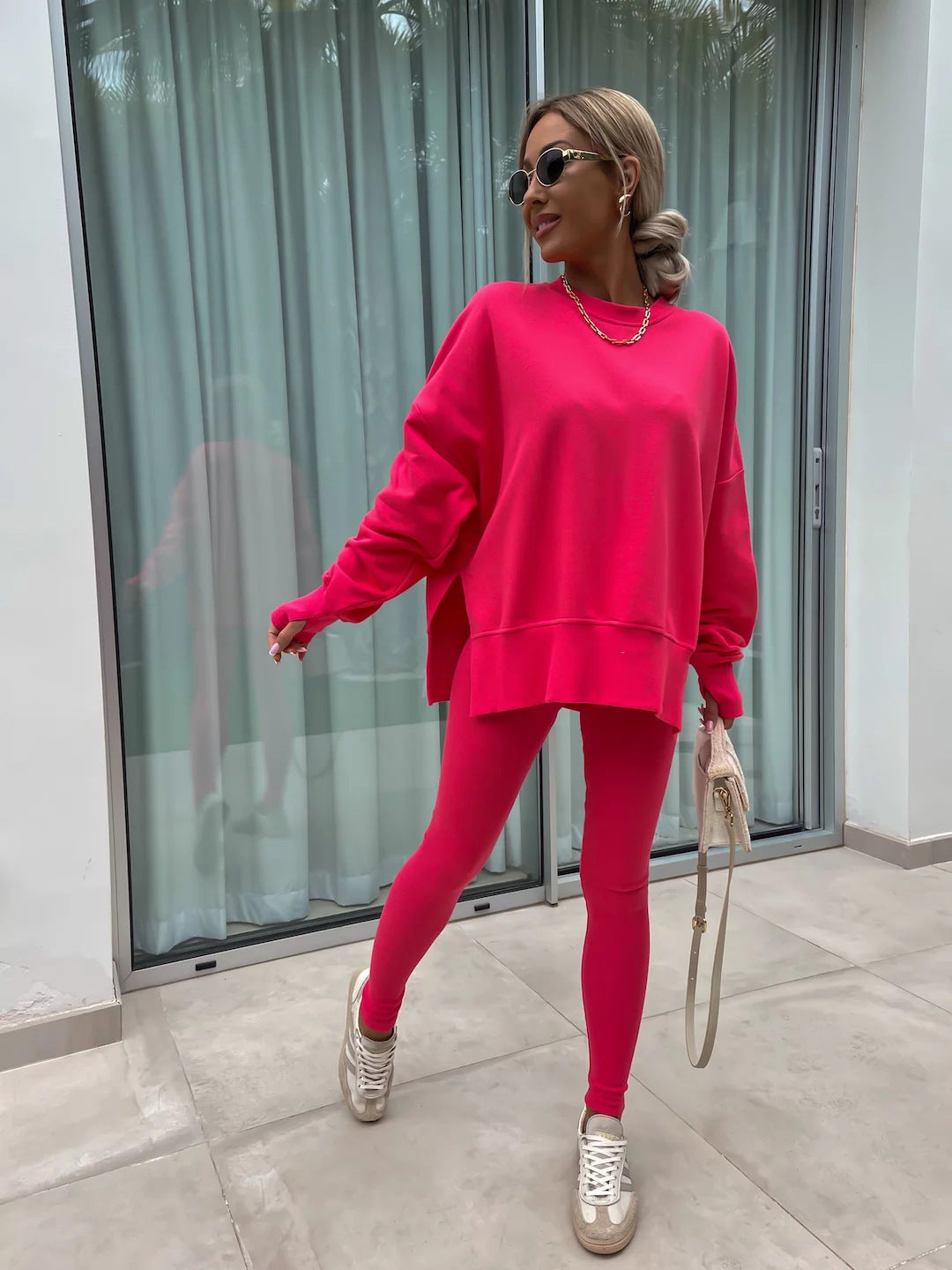 Sweater Suit Women'S Casual Loose Long Sleeve Crew Neck Split Top Tight Trousers