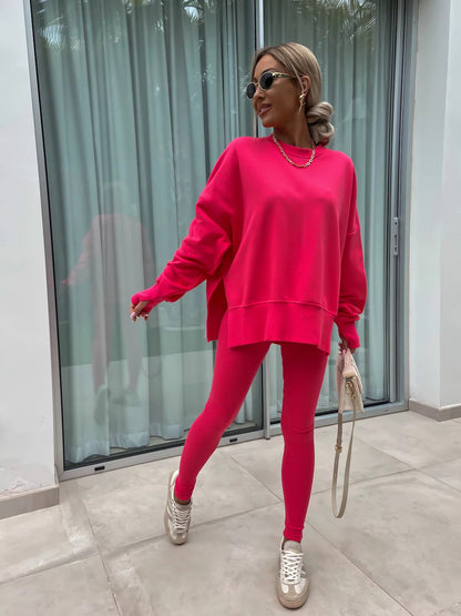 Sweater Suit Women'S Casual Loose Long Sleeve Crew Neck Split Top Tight Trousers