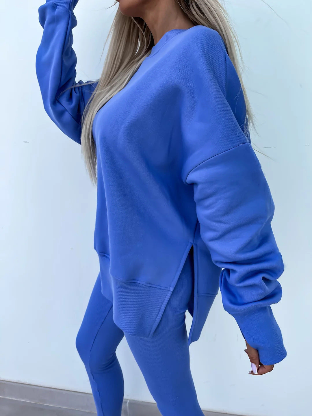 Sweater Suit Women'S Casual Loose Long Sleeve Crew Neck Split Top Tight Trousers