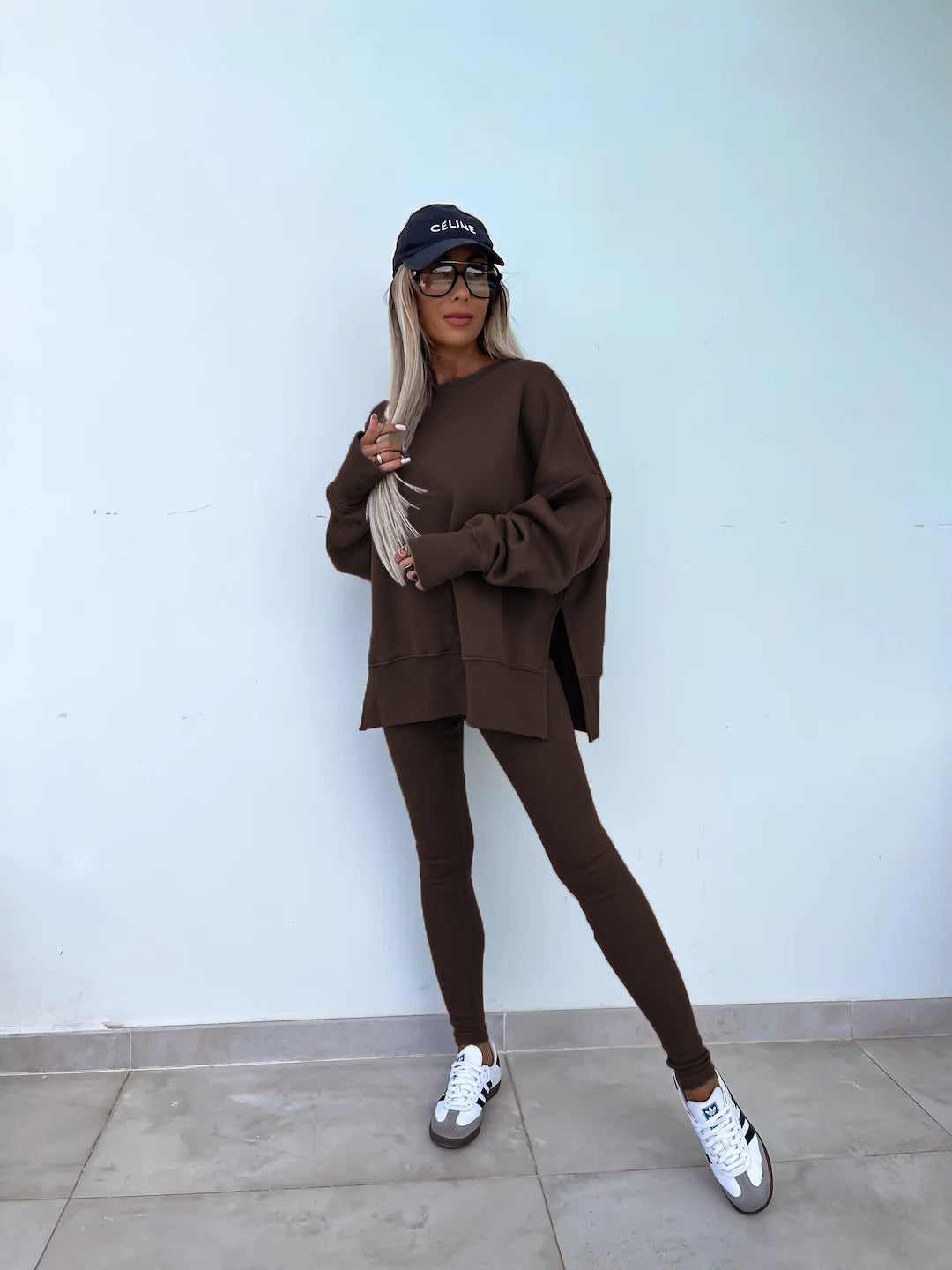 Sweater Suit Women'S Casual Loose Long Sleeve Crew Neck Split Top Tight Trousers