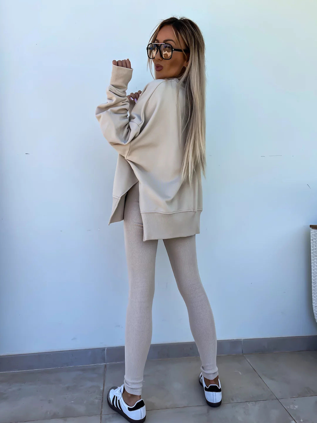 Sweater Suit Women'S Casual Loose Long Sleeve Crew Neck Split Top Tight Trousers