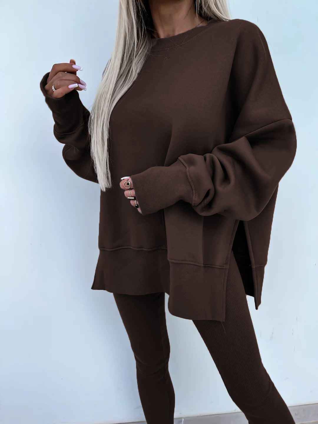 Sweater Suit Women'S Casual Loose Long Sleeve Crew Neck Split Top Tight Trousers