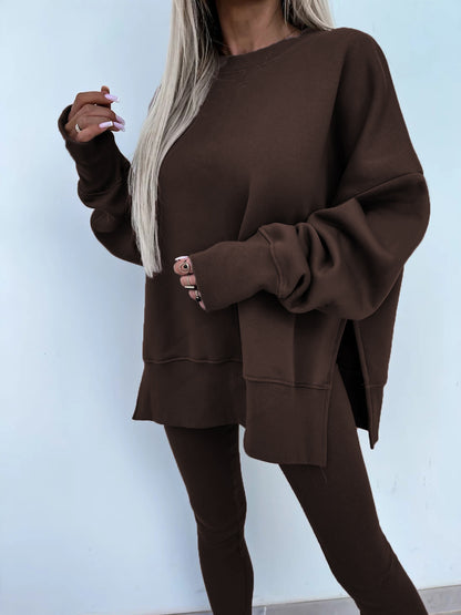 Sweater Suit Women'S Casual Loose Long Sleeve Crew Neck Split Top Tight Trousers