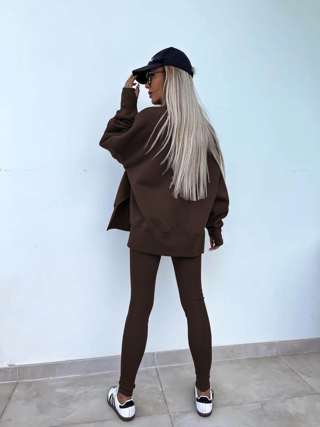 Sweater Suit Women'S Casual Loose Long Sleeve Crew Neck Split Top Tight Trousers