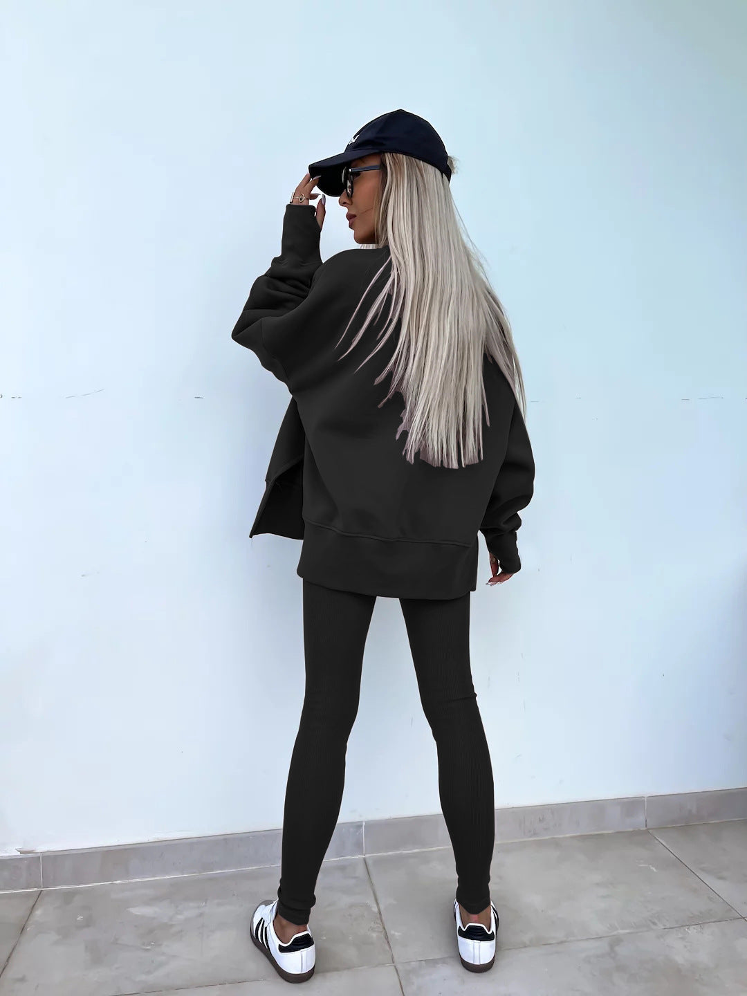 Sweater Suit Women'S Casual Loose Long Sleeve Crew Neck Split Top Tight Trousers