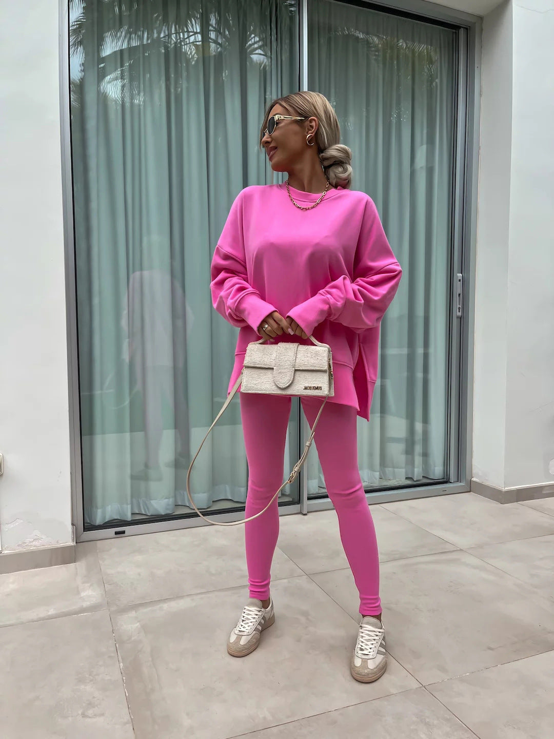 Sweater Suit Women'S Casual Loose Long Sleeve Crew Neck Split Top Tight Trousers