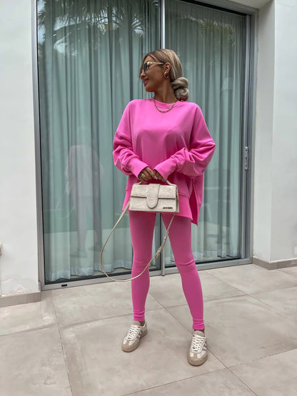 Sweater Suit Women'S Casual Loose Long Sleeve Crew Neck Split Top Tight Trousers