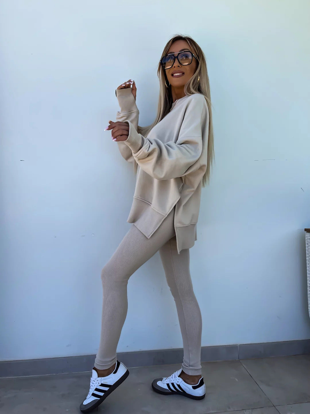 Sweater Suit Women'S Casual Loose Long Sleeve Crew Neck Split Top Tight Trousers