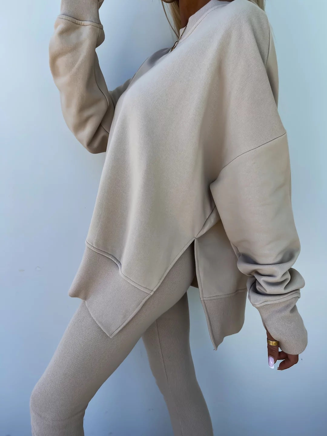 Sweater Suit Women'S Casual Loose Long Sleeve Crew Neck Split Top Tight Trousers