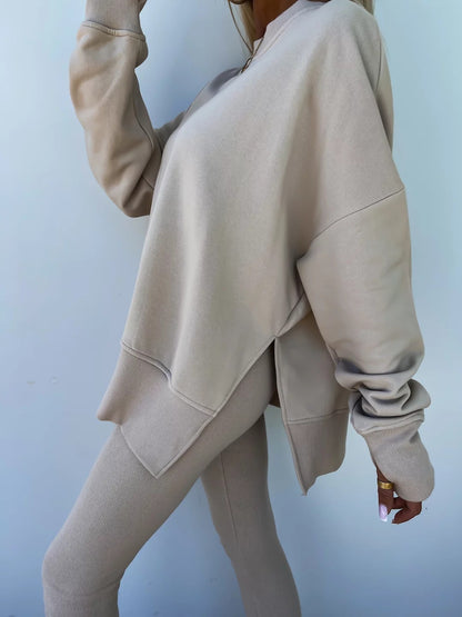 Sweater Suit Women'S Casual Loose Long Sleeve Crew Neck Split Top Tight Trousers