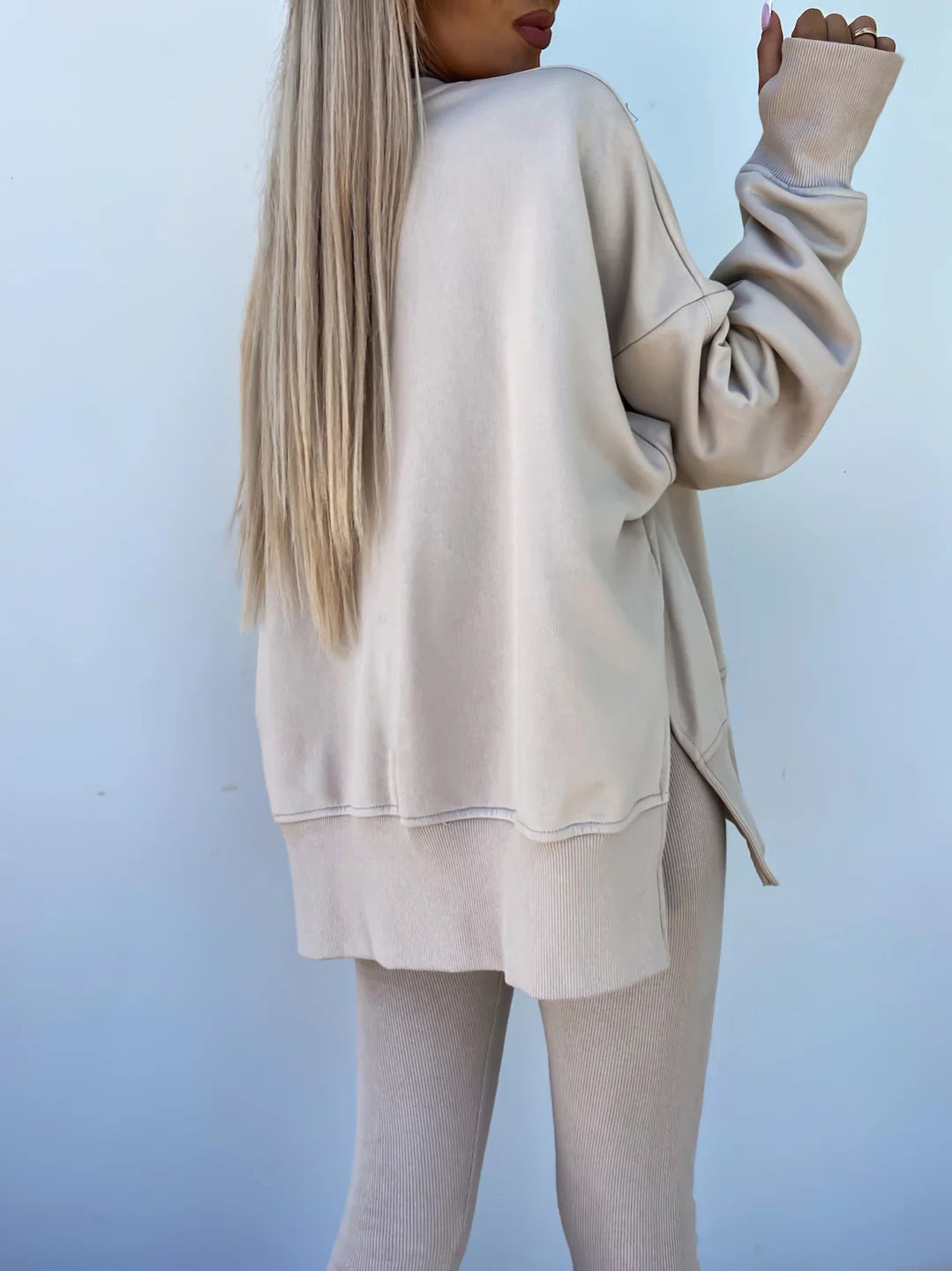 Sweater Suit Women'S Casual Loose Long Sleeve Crew Neck Split Top Tight Trousers