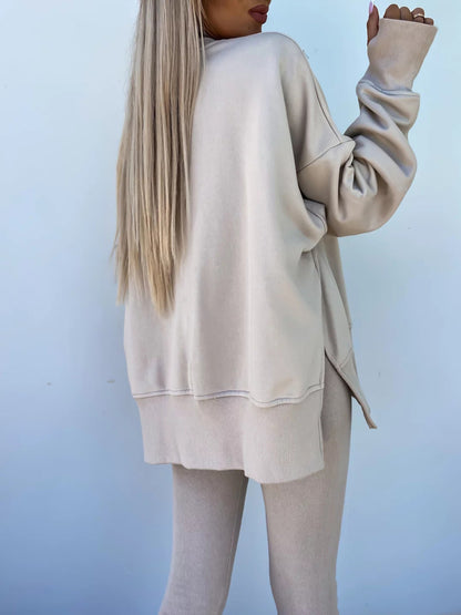 Sweater Suit Women'S Casual Loose Long Sleeve Crew Neck Split Top Tight Trousers