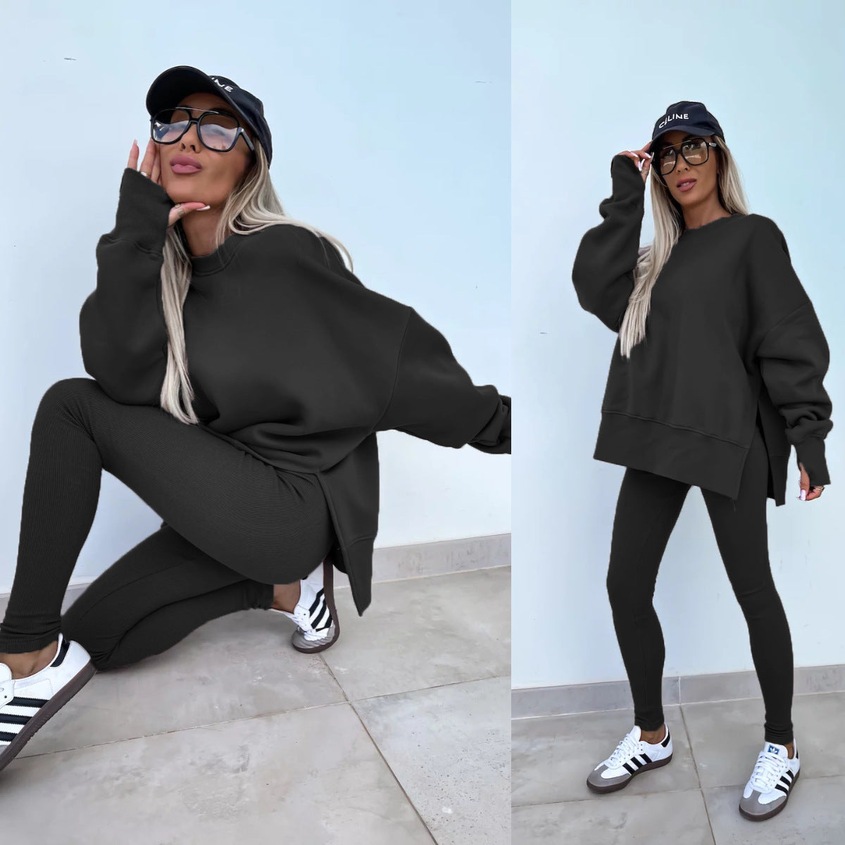 Sweater Suit Women'S Casual Loose Long Sleeve Crew Neck Split Top Tight Trousers