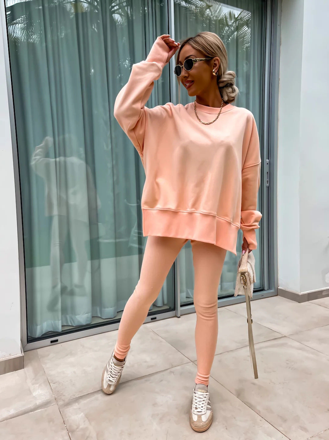 Sweater Suit Women'S Casual Loose Long Sleeve Crew Neck Split Top Tight Trousers