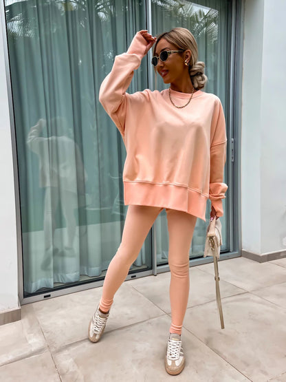 Sweater Suit Women'S Casual Loose Long Sleeve Crew Neck Split Top Tight Trousers