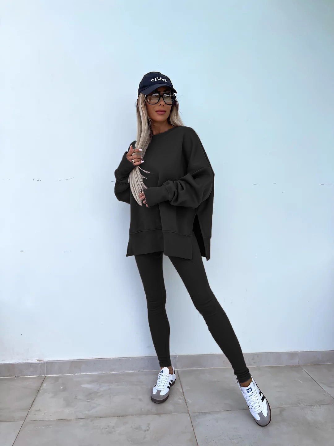 Sweater Suit Women'S Casual Loose Long Sleeve Crew Neck Split Top Tight Trousers