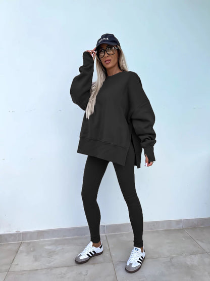 Sweater Suit Women'S Casual Loose Long Sleeve Crew Neck Split Top Tight Trousers