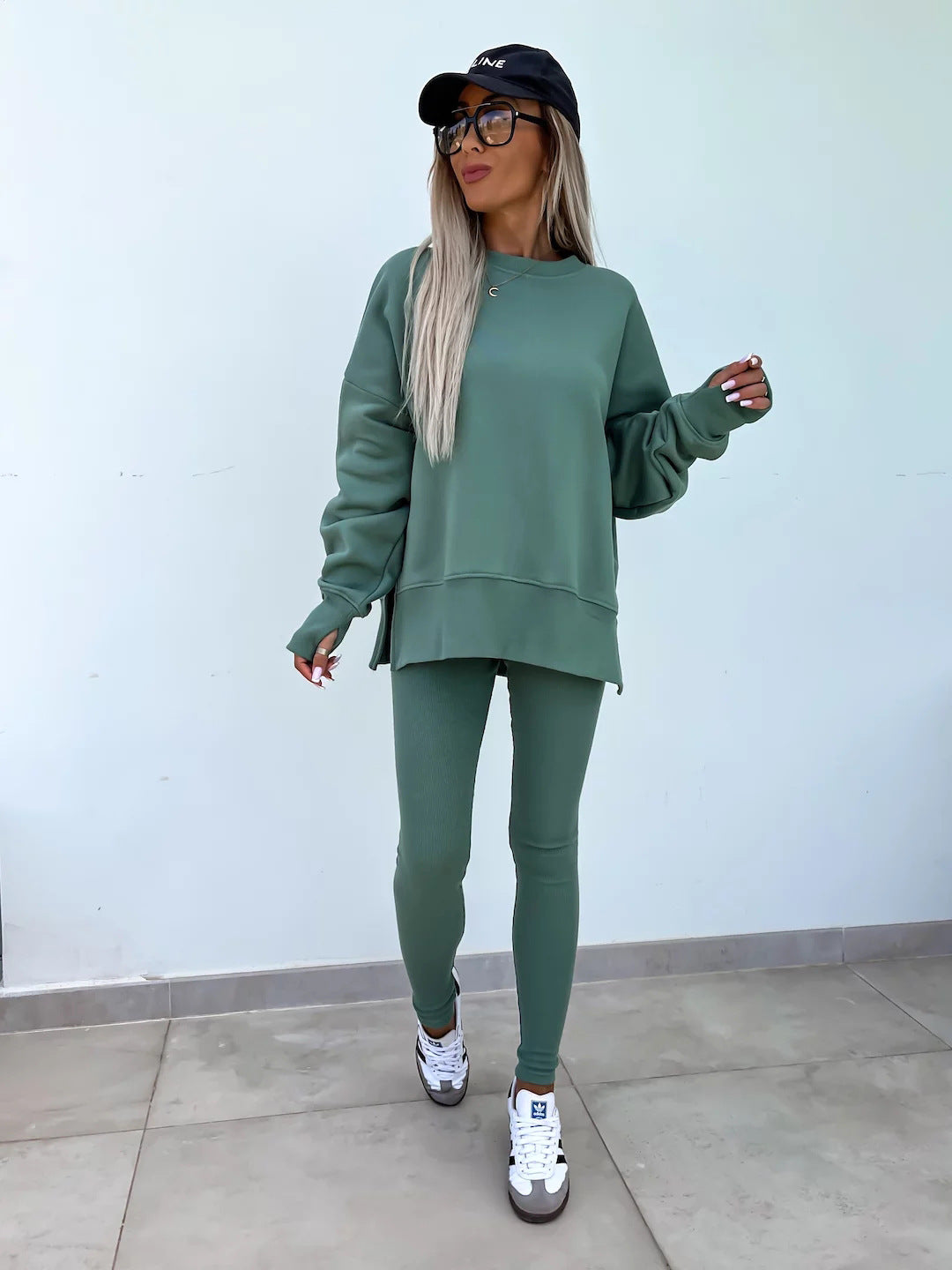 Sweater Suit Women'S Casual Loose Long Sleeve Crew Neck Split Top Tight Trousers
