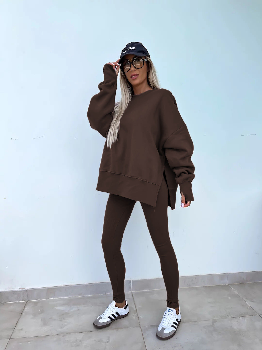 Sweater Suit Women'S Casual Loose Long Sleeve Crew Neck Split Top Tight Trousers