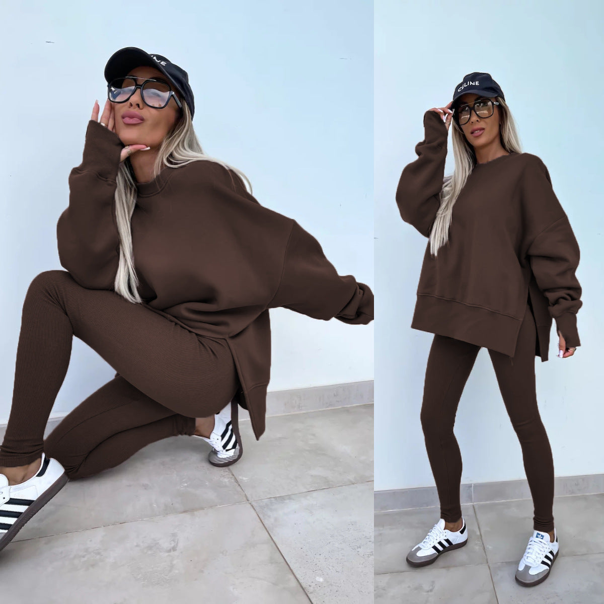Sweater Suit Women'S Casual Loose Long Sleeve Crew Neck Split Top Tight Trousers