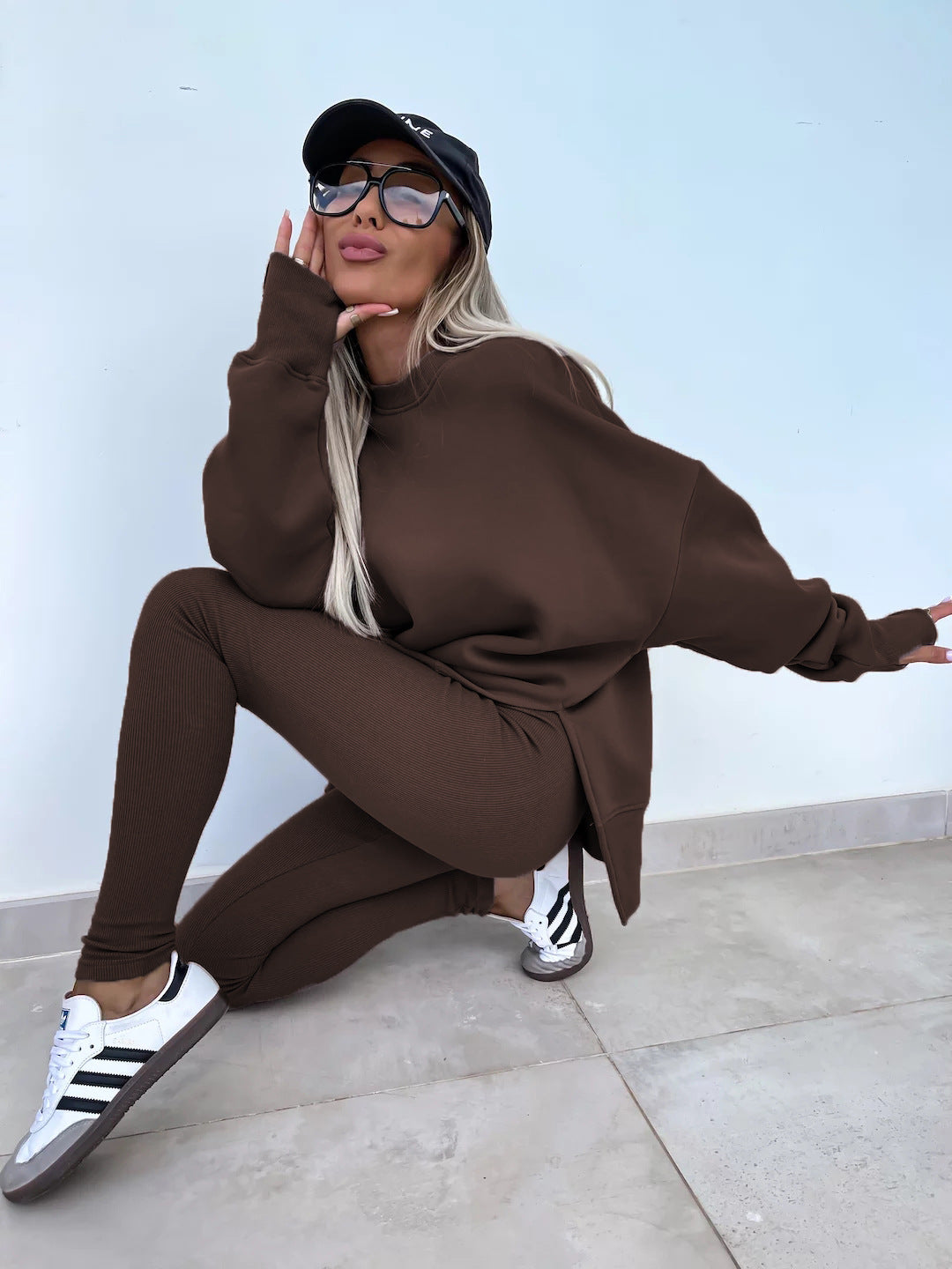 Sweater Suit Women'S Casual Loose Long Sleeve Crew Neck Split Top Tight Trousers