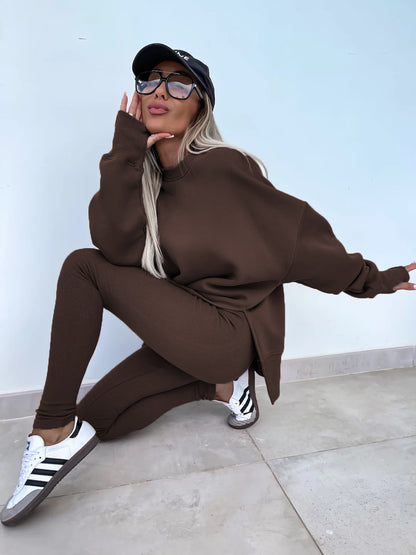 Sweater Suit Women'S Casual Loose Long Sleeve Crew Neck Split Top Tight Trousers